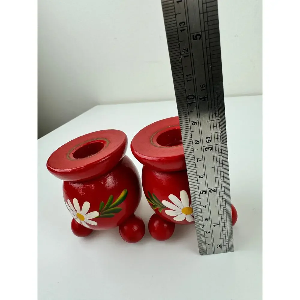 Vintage Swedish Red Candlestick Holders Wooden Flowers Hand Painted Set of 2